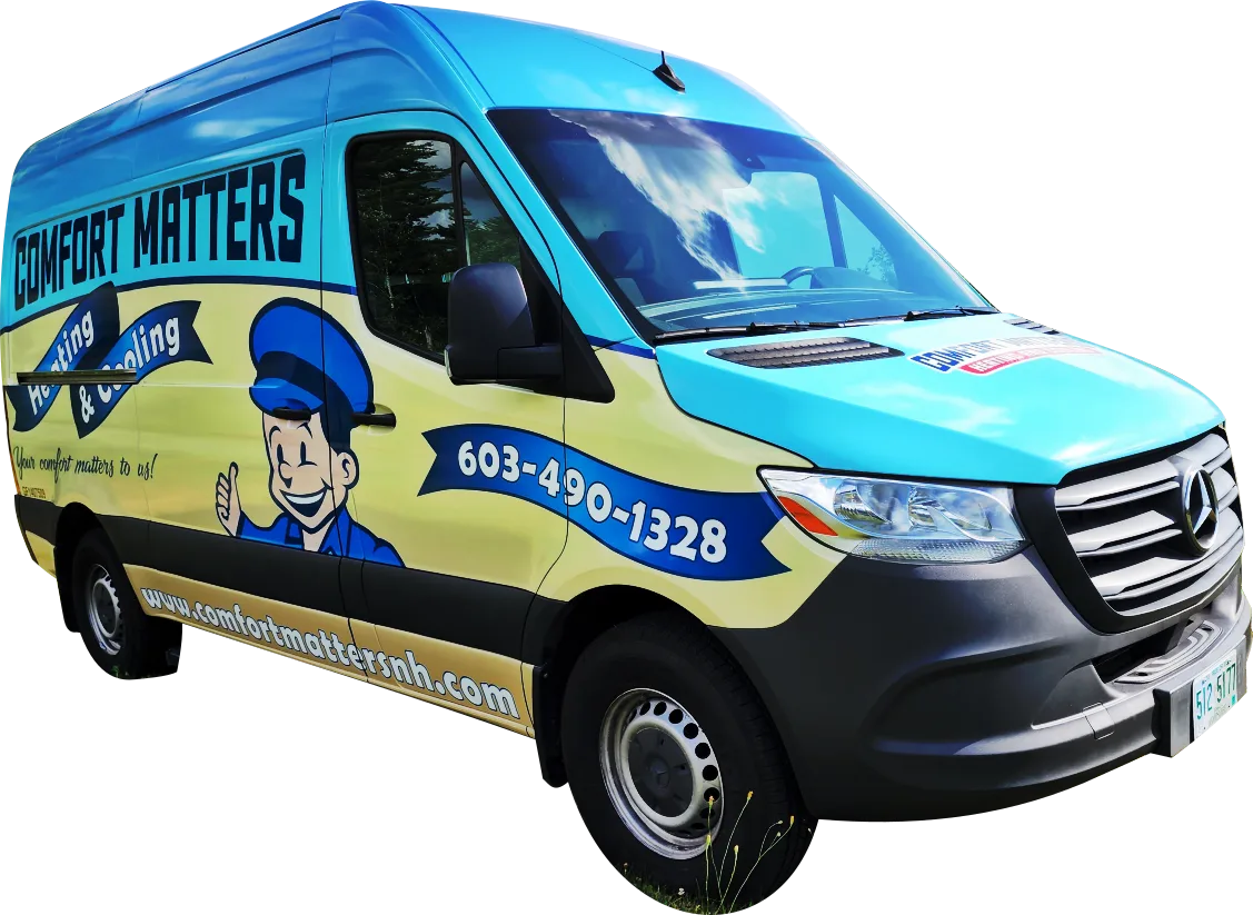The Comfort Matters van from the front: a sky-blue and cream wrap with the Comfort Matters mascot and 603-490-1328