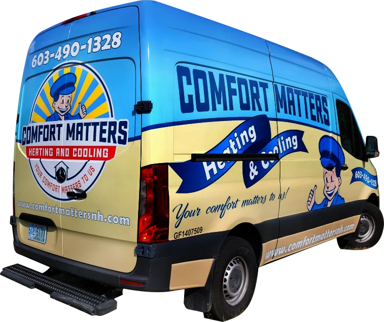 The Comfort Matters van from the back, with the round Comfort Matters badge on the rear doors
